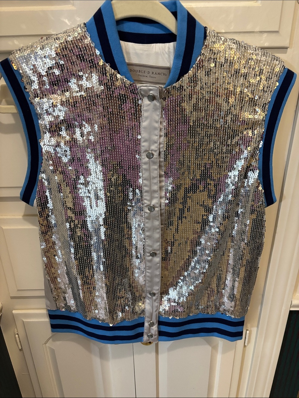 Double D Ranch Silver Sequin Sleeveless Bomber Vest with Blue Trim
